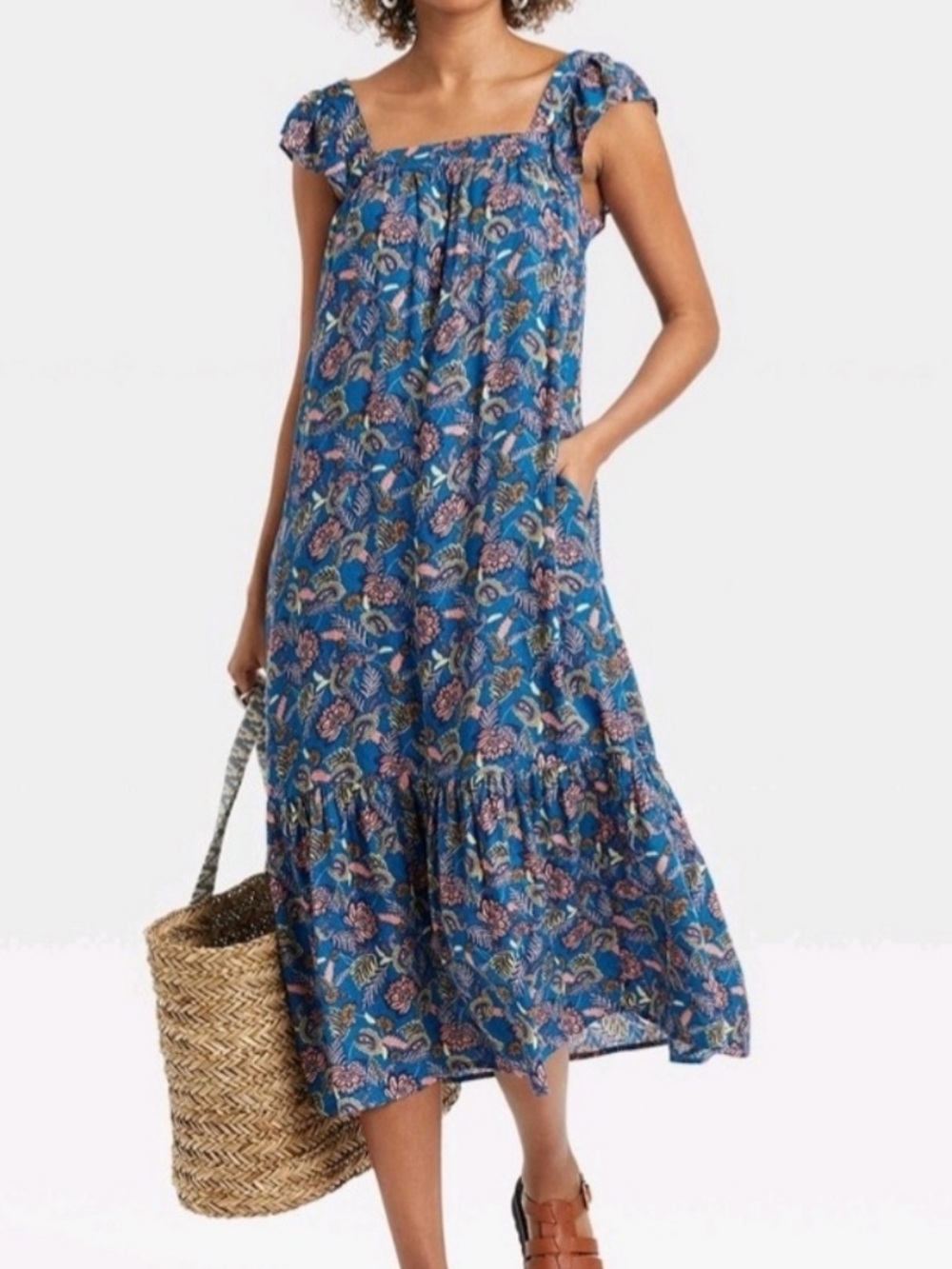 Knox Rose Floral Paisley Ruffled Maxi Dress Blue Boho Square Neck XS